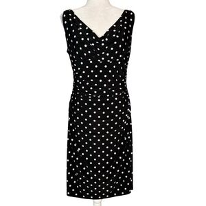 LRL Ralph Lauren Dress Womens 12 Cowl Neck Sheath Polka Dot‎ Ruching Black